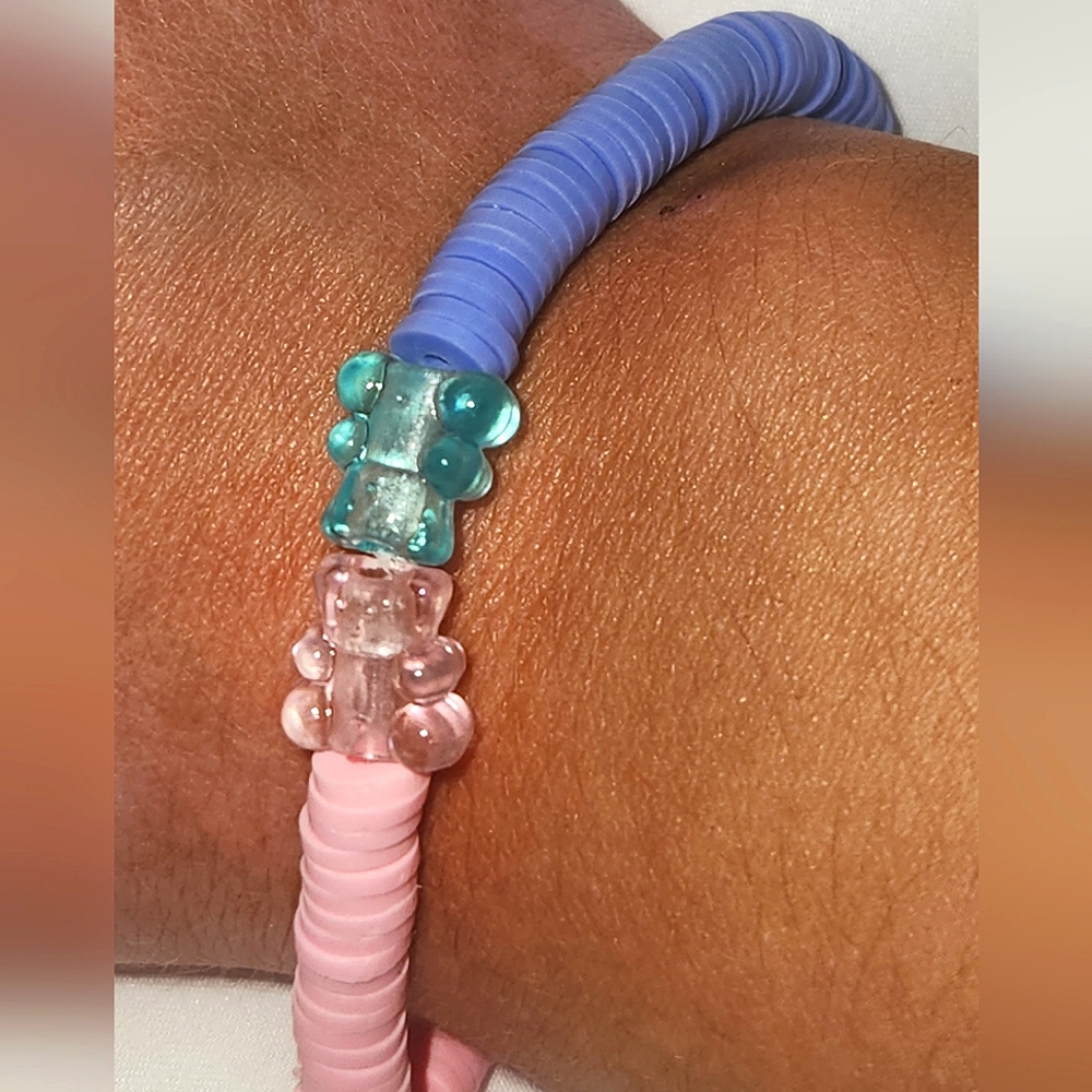 Pink and Blue Gummy Bear Handmade Clay Bead Bracelet